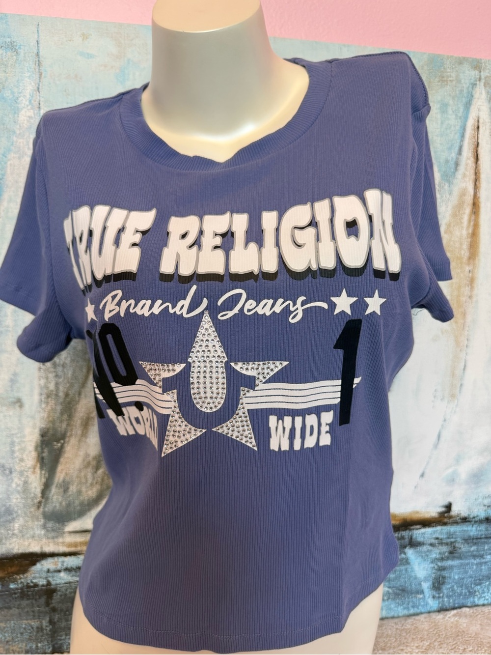 True Religion Purple Graphic Logo Tee with White & Black Accents